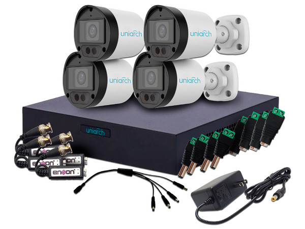 Kit de Videovigilancia Uniarch, 4 Cámaras Tipo Bala UAC-B122-AF28LM-H de 2MP (1920 x 1080), Micrófono Integrado, XVR 104F-4CH-ANALOGICOS-2CH-IP de 2 Canales de 2MP, Fuente de Poder Incluida, Accesorios Incluidos.