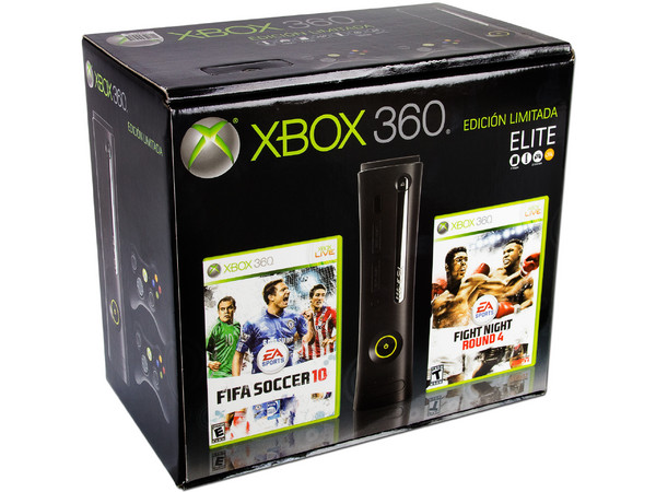 Consola Xbox 360 Edición Elite, Disco Duro de 250GB, 2 controles y 2 Juegos (Fifa Soccer 10 y Fight Night Round 4).