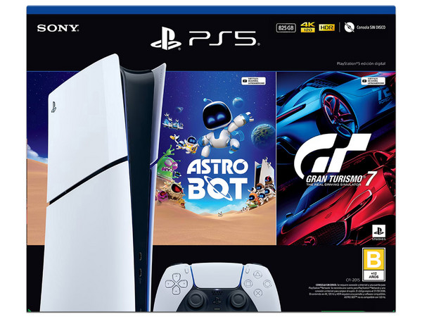 Consola PlayStation 5 Slim Edición Digital de 825GB, Incluye Videojuego Astro Bot y Gran Turismo 7, HDR, 4K, Color Blanco.