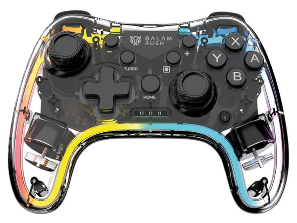 Gamepad BALAM RUSH Inalámbrico Kontrol Glow SW G600, Bluetooth 5.0, Compatible Con Nintendo Switch, Lite, Oled, Android, iOS, PC, Vibración Dual, Axis Gyro, Funciones Turbo, RGB, Recargable, Color Azender Neón Transparente.