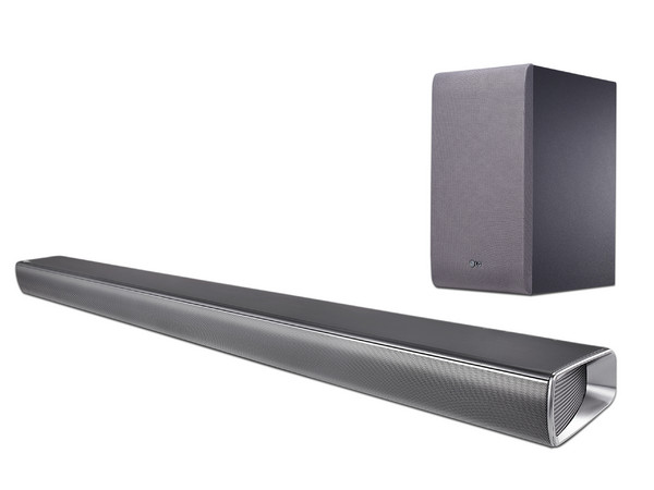 Barra de sonido LG SJ5 con 320W de potencia, 2.1 canales, subwoofer inalámbrico, bluetooth, Color plata.