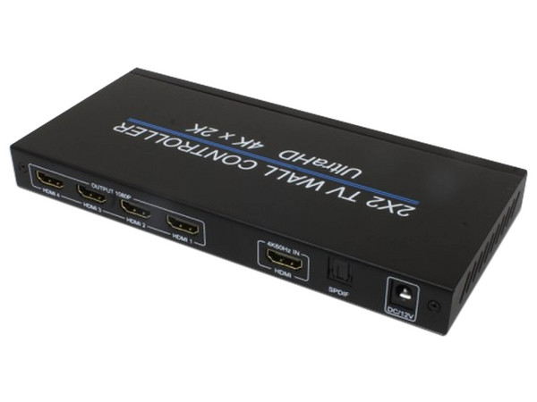 Video Wall Controller Redleaf VWC2X2N HDMI 2x2 con Resolución Full HD, 4 Puertos HDMI para Salida de Video, y Control Remoto Incluido. Color Negro con Material de Cubierta Metálica.