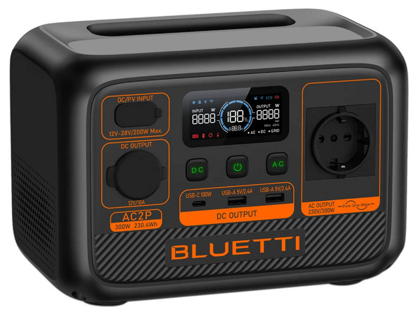 Estación de Energía Portátil Bluetti AC2P, 300W, 3000 Ciclos, Panel Solar, USB Tipo C, USB. Color Negro.