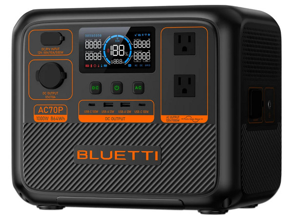 Estación de Energía Portátil Bluetti AC70P, 1000W, 3000 Ciclos, Panel Solar, USB Tipo C, USB, Carga Inalámbrica. Color Negro.