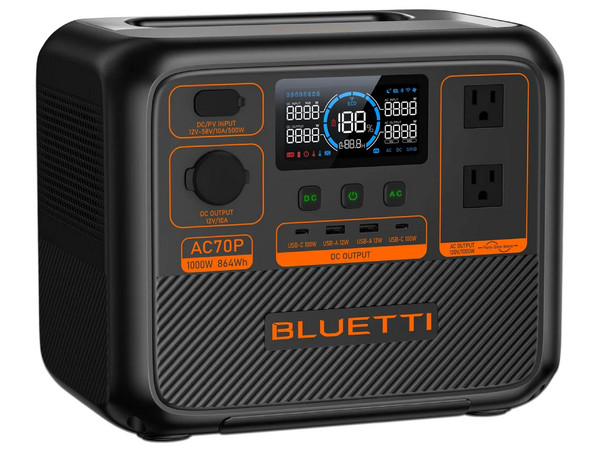 Estación de Energía Portátil Bluetti AC70P, 1000W, 3000 Ciclos, Panel Solar, USB Tipo C, USB, Carga Inalámbrica. Color Negro.