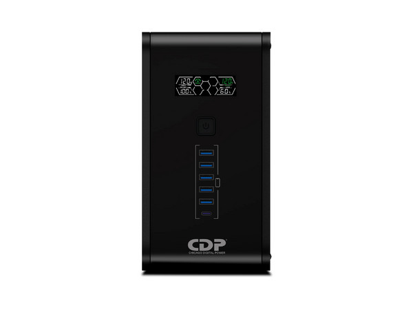 UPS inteligente CDP R-SMART1010 de 1000VA/500W con pantalla LCD, 10 puertos NEMA 5-15R (5 con protección de batería), y soporte para módem DSL (RJ11/RJ45).