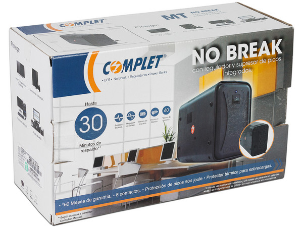 No-Break Complet MT505, 500VA (250W) con regulador y supresor de picos, 8 contactos Nema 5-15R. Color Negro