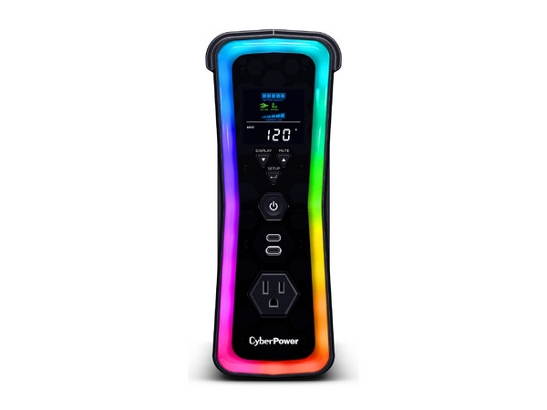 UPS NoBreak Gamer CyberPower GX150C2 de 1500VA/1000W con 13 contactos NEMA 5-15R, 2 USB Tipo C, voltaje de entrada 120V, RGB. Color Negro.