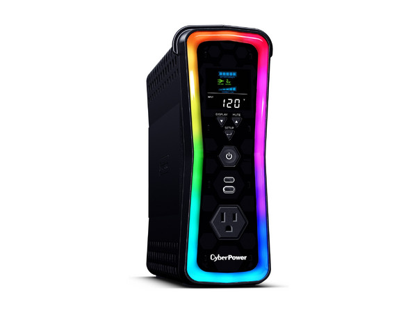 UPS NoBreak Gamer CyberPower GX150C2 de 1500VA/1000W con 13 contactos NEMA 5-15R, 2 USB Tipo C, voltaje de entrada 120V, RGB. Color Negro.