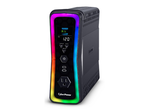 UPS NoBreak Gamer CyberPower GX150C2 de 1500VA/1000W con 13 contactos NEMA 5-15R, 2 USB Tipo C, voltaje de entrada 120V, RGB. Color Negro.