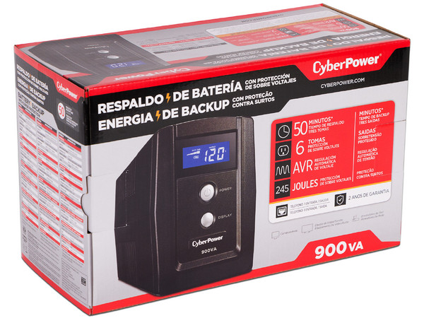 UPS CyberPower OM900ATLCD de 900VA(420W), 6 contactos NEMA 5-15R, 120V. 2 años de garantía (1 año en batería). (Caja abierta)