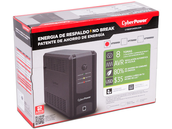 UPS CyberPower UT550GU de 550VA (275W), 8 contactos NEMA 5-15R, 120V, 2 años de garantía (1 año en batería).