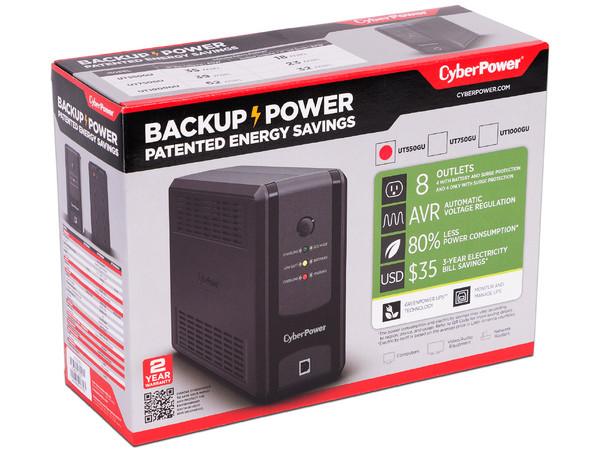 UPS CyberPower UT550GU de 550VA (275W), 8 contactos NEMA 5-15R, 120V, 2 años de garantía (1 año en batería).