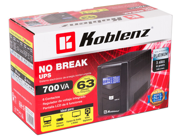 UPS con regulador Koblenz 7011 USB/R, 700 VA/ 360 W con 6 conexiones Nema 5-15R.