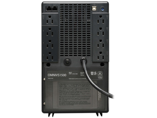 UPS TrippLite OMNIVS1500 de 1500VA (940W), 8 Contactos, Protección para Línea Telefónica, USB, Incluye Soporte de Pared para TV. Color Negro.