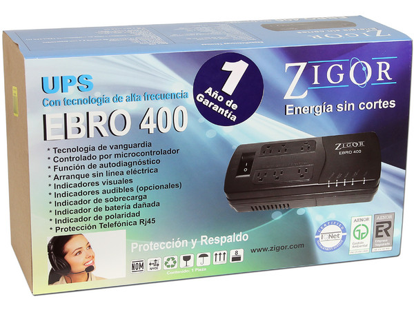 UPS Zigor Ebro 400 de 180W (400VA), con 6 contactos Nema 5-15R.