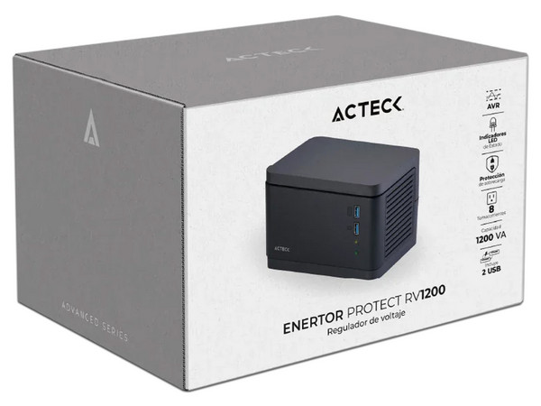 Regulador Acteck RV1200 de 500W/1200VA, 8 contactos NEMA 15-R, 2 puertos USB.