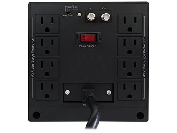 Regulador de voltaje CDP AVR 2408, de 2400VA / 1800W con 8 contactos.