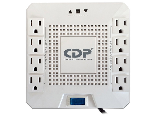 Regulador CDP R-AVR1808 de 1800VA / 1000W con 8 Tomas NEMA 5-15R, Protección sobretensión 175J e Indicadores LED.