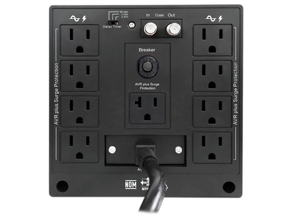 Regulador CDP R-AVR2408 2400VA / 1200W, con 8 Tomas NEMA 5-15R y 1 Nema 5-20R, Protección sobretensión 525J, Certificación RETIE/NOM.