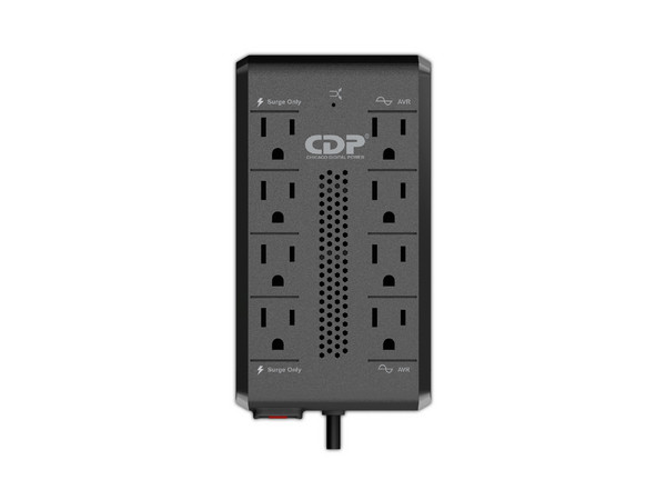 Regulador CDP RAVR1408 de 1410VA / 700W con 8 Tomas NEMA 5-15R, Protección sobretensión de 300J, Indicadores LED y Cable de 1m. Color Negro.