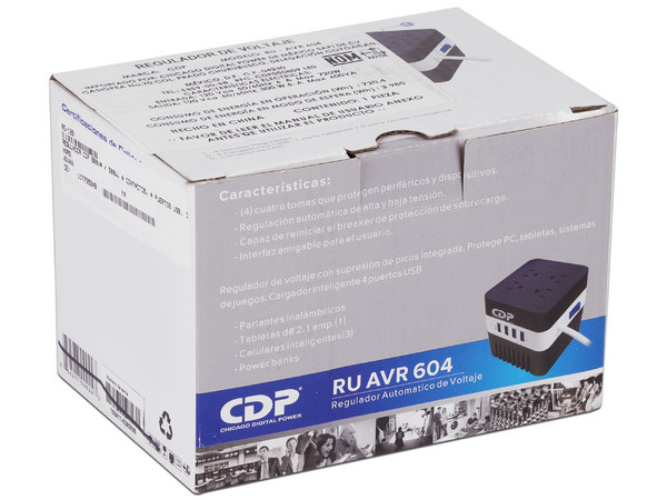 Regulador CDP RU-AVR604 de 600VA / 300W con 4 contactos y 4 puertos USB.