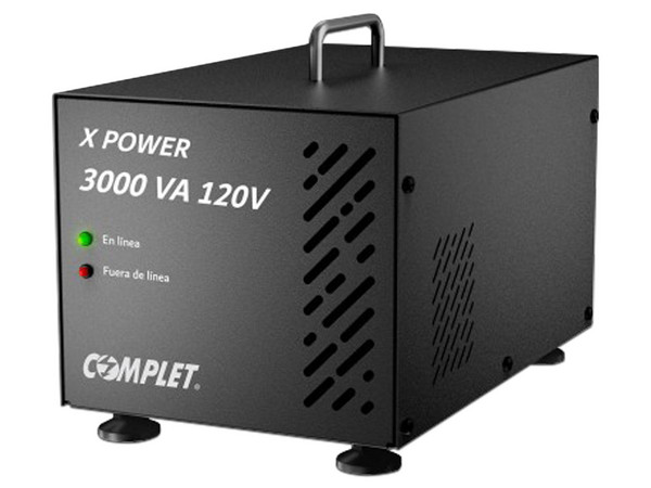 Regulador COMPLET X-POWER ERV-10-006,
3000VA/3000W,
120V, 
2x NEMA 5-15R,
banco de terminales.