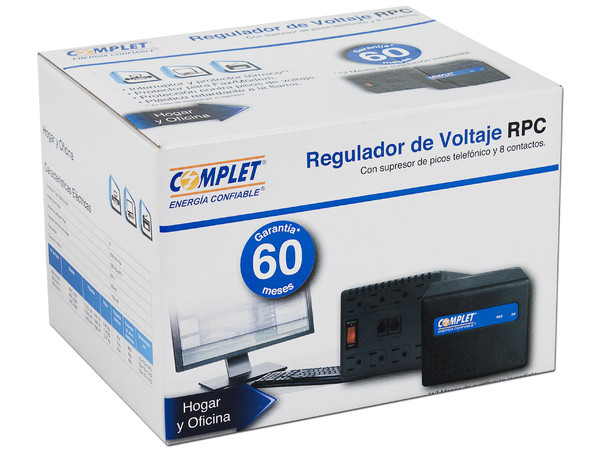 Regulador Complet 1300VA/650W, 8 contactos + Protección para Teléfono, Color Negro.
