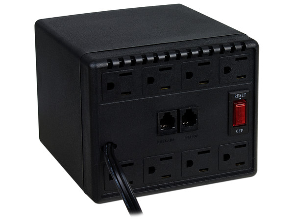 Regulador Complet 1300VA/650W, 8 contactos + Protección para Teléfono, Color Negro.