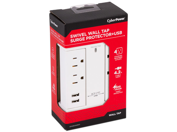 Regulador CYBERPOWER GP400U4AWH 125V con 4 contactos NEMA 5-15R, 4 Contactos USB, Color Blanco.
