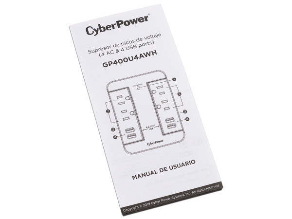 Regulador CYBERPOWER GP400U4AWH 125V con 4 contactos NEMA 5-15R, 4 Contactos USB, Color Blanco.