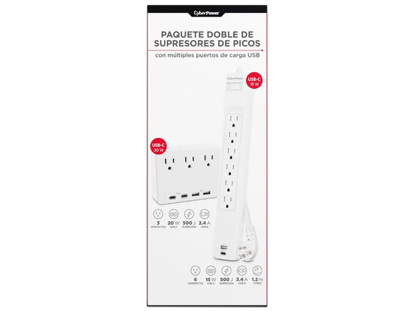 Paquete de Multicontactos y Supresor de Picos CyberPower MP1090WS, 9 Salidas NEMA 5-15P, USB Tipo C, USB Tipo A, Montaje en la Pared y Barra, 2 Piezas, Color Blanco.
