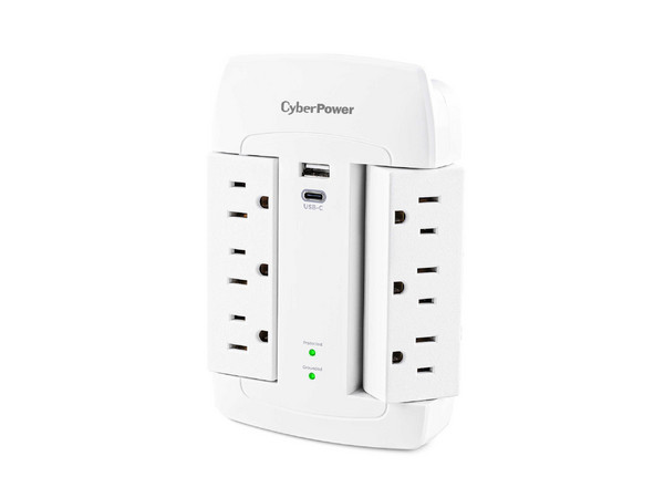 Multicontacto CyberPower P6WSUC, 6 Contactos NEMA 5-15R,1 Puerto USB Tipo A, Color Blanco.