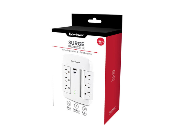 Multicontacto CyberPower P6WSUC, 6 Contactos NEMA 5-15R,1 Puerto USB Tipo A, Color Blanco.