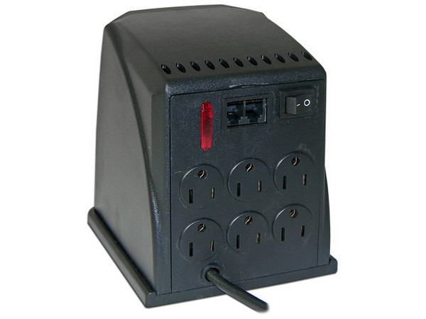 Regulador de Voltaje EME de 1000W, 6 contactos y protector de línea telefónica. Color Negro