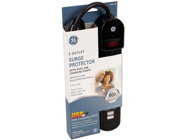 Supresor de Picos de 3 Contactos y 2 Puertos USB.