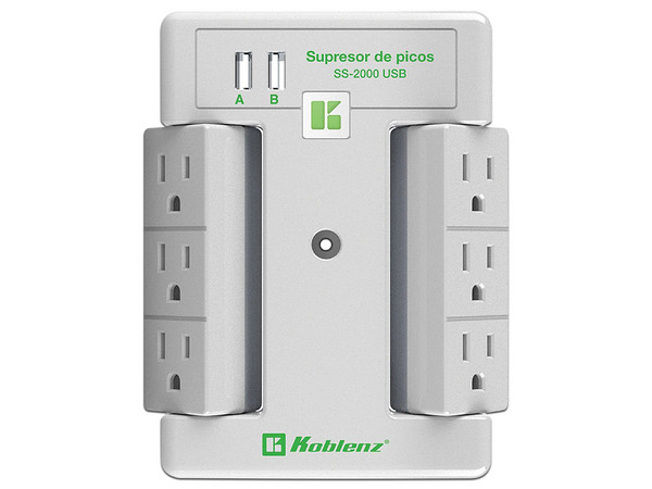 Supresor de Picos Koblenz Platinum SS-2000 USB de 6 contactos NEMA 5-15R y 2 puertos USB.