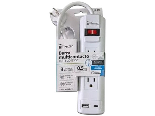 Barra Multicontacto Nextep NE-242, 3 Contactos Aterrizados, 1 Puerto USB Tipo A, 1 Puerto USB Tipo C. Color Blanco.