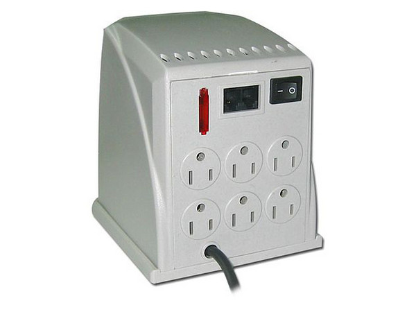 Regulador de Voltaje de 1000W, 6 contactos y protector de línea telefónica. Color Beige