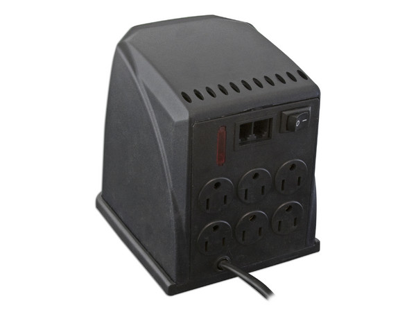 Regulador de Voltaje EME2000, 6 contactos y protector de línea telefónica, 1000W, Color Negro