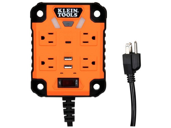 Multicontacto Klein Tools Powerbox 1 con 4 salidas NEMA 5-15P, 1 puerto USB-C y 2 puertos USB-A. Color Naranja.