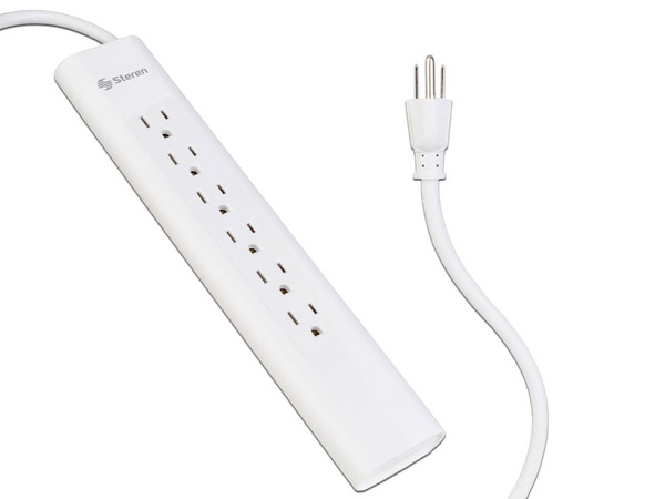 Barra Multicontacto Steren MULTI-V 6, 6 Contactos Aterrizados, Cable de 30cm. Color Blanco.