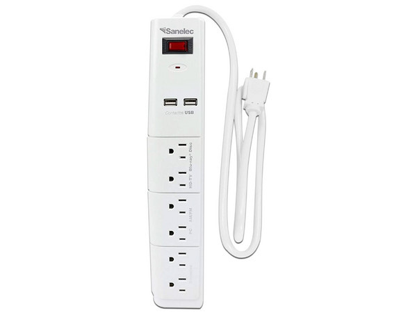Supresor de Picos Sanelec de 6 Contactos, 2 x USB. Color Blanco.