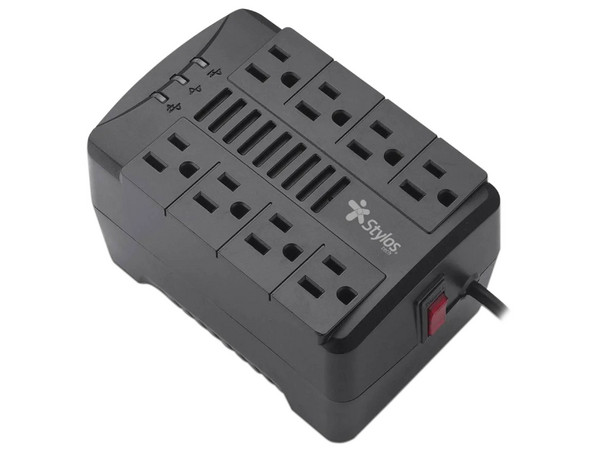 Regulador Stylos STTR480B: 480W AVR, 8 Salidas, Supresor de Picos.