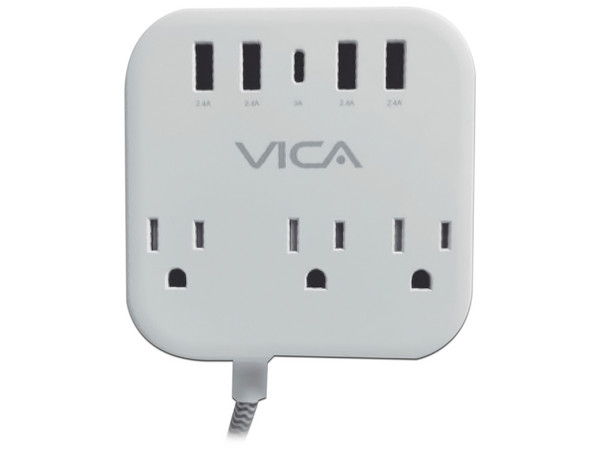 Supresor de Picos Vica de 1875W con 3 contactos, 1 puerto USB-C y 4 puertos USB. Color Blanco.