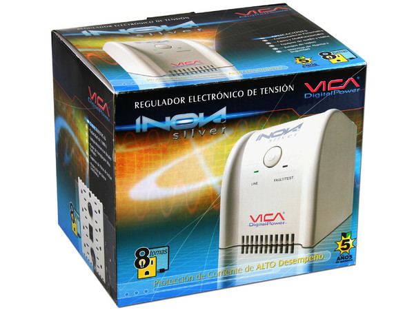 Regulador Vica Inova Silver 600W, 8 Contactos y Protección para Linea Teléfonica.