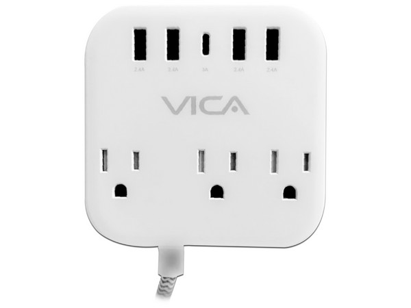 Centro Multicontacto VICA SUPVIC050 con Puertos USB 7P, Toma corriente con 3 tomas NEMA 5-15R, 3 puertos USB-A y 1 puerto USB-C.