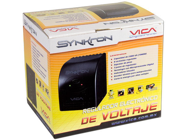 Regulador Vica Synkron 1000W, 8 Contactos y Protección para Linea Teléfonica, Color Negro.