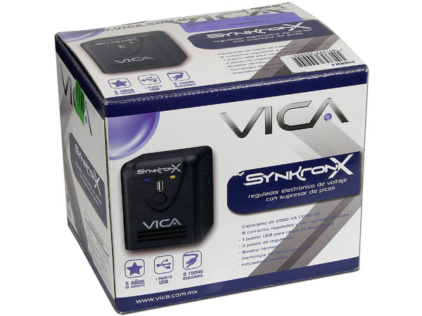 Regulador Vica  SyncronX 2000VA (1000 Watts), 6 Contactos, USB.