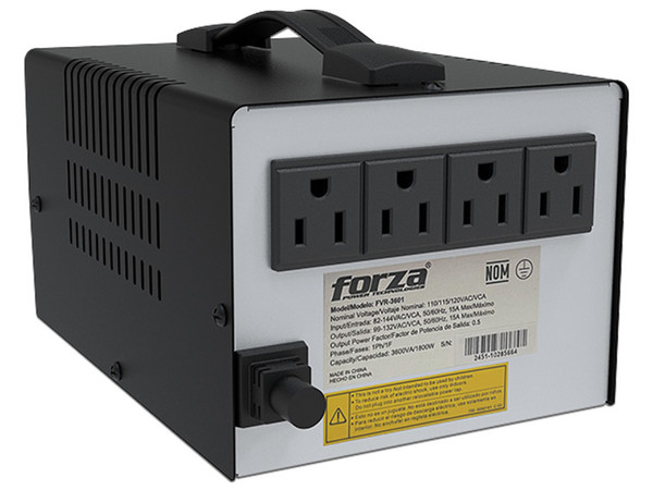 Regulador de Voltaje Forza FVR-3601 de 3600VA/1800W, 4 Tomas de Corriente, Color Negro.